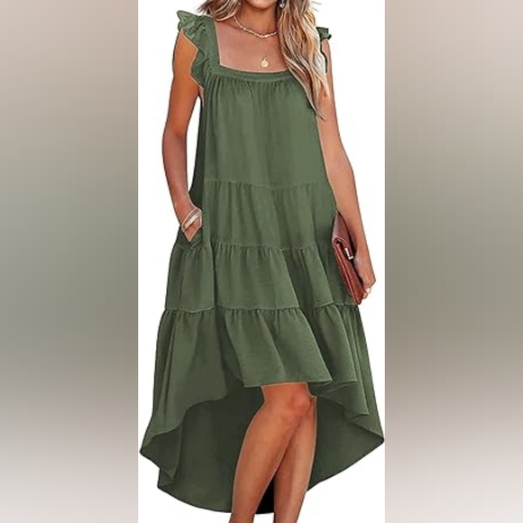 kirundo Dresses & Skirts - Kirundo Midi Dress Summer Sleeveless Ruffle High- Low Green Army